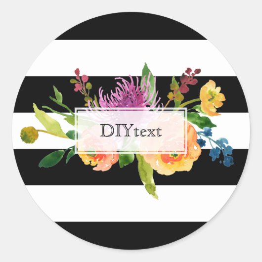 Sticker Rond PixDezine aquarelle fleurs/rayures (Devant)