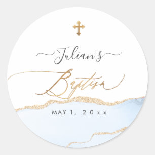 Sticker Rond PixDezines Aquarelle Agate Bébé Baptême Bleu Or