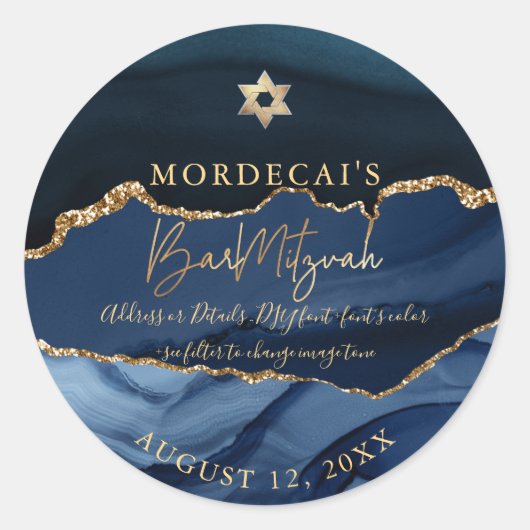 Sticker Rond PixDezines aquarelle bleu Agate Bar Mitzvah (Devant)