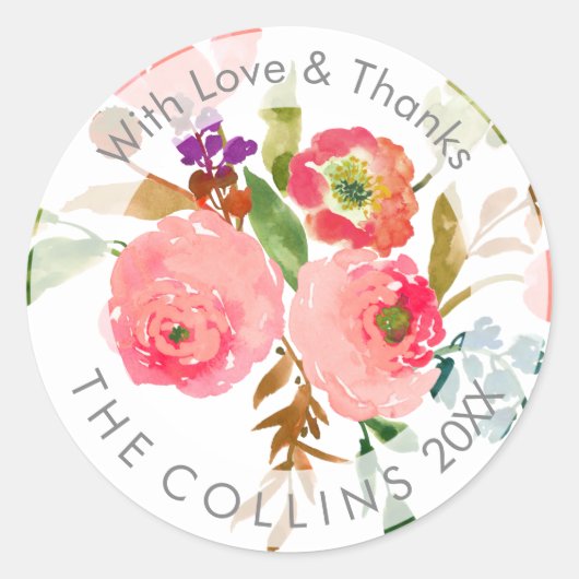 Sticker Rond PixDezines Aquarelle Florale/Ranunculus/Merci (Devant)