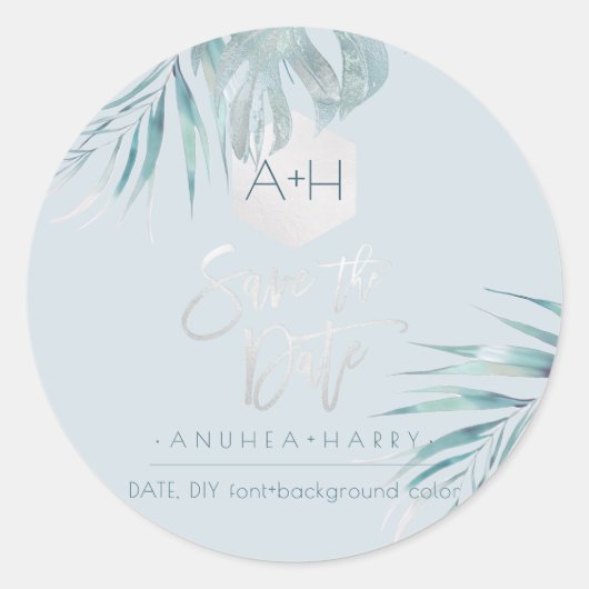 Sticker Rond PixDezines Argent Palms Monogramme, Enregistrer la (Devant)