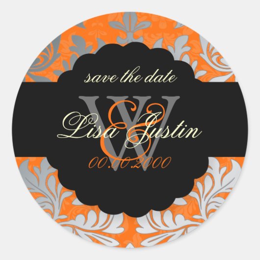 Sticker Rond PixDezines Baroque Damask/Faux Argent+Orange (Devant)