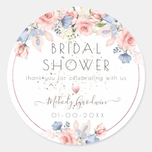 Sticker Rond PixDezines Bleu Rose Aquarelle Fleurs (Devant)