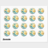 Sticker Rond PixDezines coucher de soleil/vagues rétro/palmiers (Feuille)