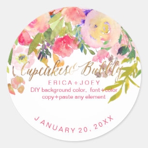 Sticker Rond PixDezines Cupcakes+Bubbly Aquarelle Peonies