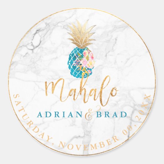 Sticker Rond PixDezines Faux Gold Ananas/Aqua/Marble (Devant)