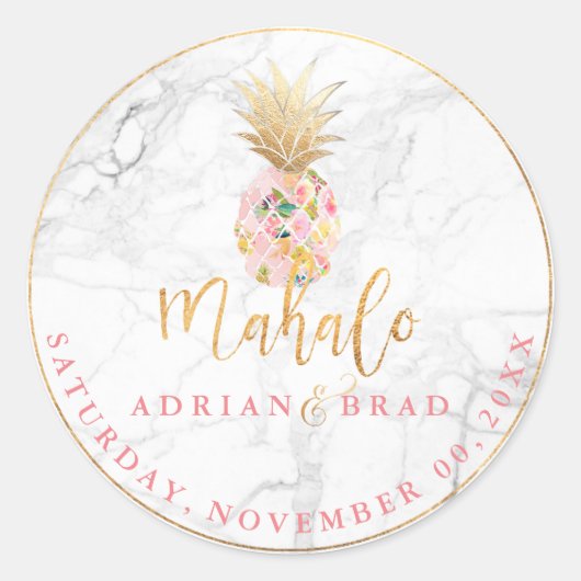 Sticker Rond PixDezines Faux Gold Ananas/rose/marbre (Devant)
