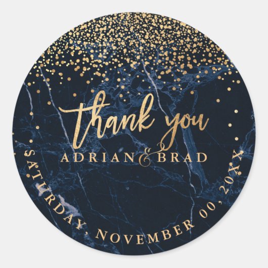 Sticker Rond PixDezines Faux Gold Confetti/Marbre Bleu (Devant)