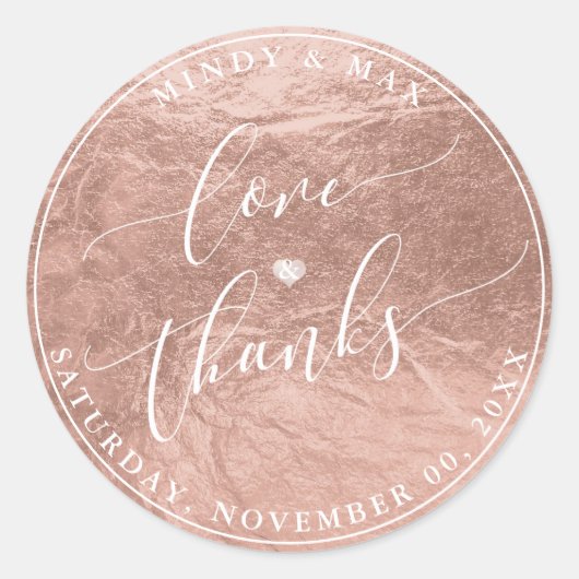 Sticker Rond PixDezines FAUX ROSE GOLD FOIl LOVE+THANKS (Devant)