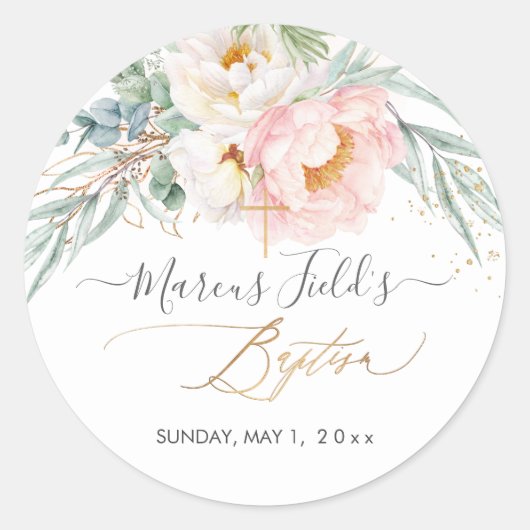 Sticker Rond PixDezines H2 Peonies Eucalyptus Baptême (Devant)