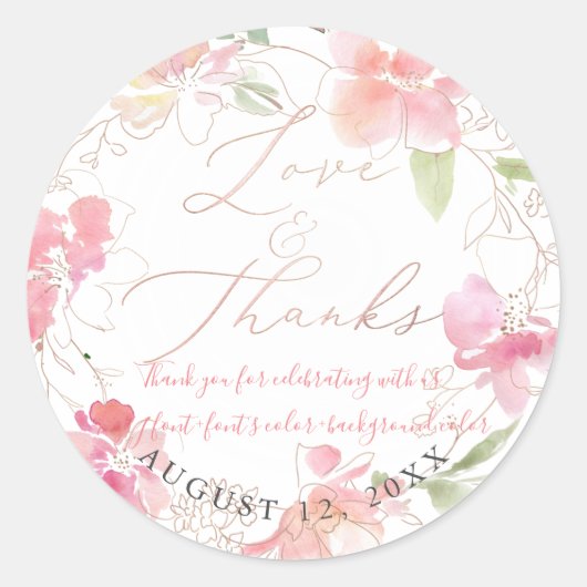 Sticker Rond PixDezines Love+Thanks, Aquarelle Florale, Blush (Devant)