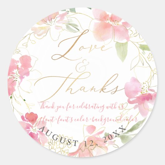 Sticker Rond PixDezines Love+Thanks, Aquarelle Florale, Blush (Devant)