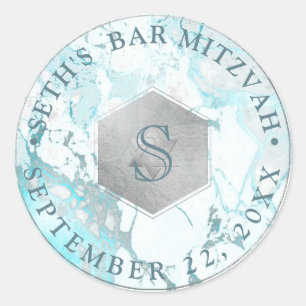 Sticker Rond PixDezines Monogram Blue Marble Honeycomb Mitzvah