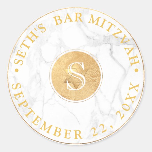 Sticker Rond PixDezines Monogram Faux Gold+Marble Mitzvah (Devant)