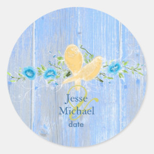 Sticker Rond PixDezines oiseaux amoureux+panneaux de bois bleu