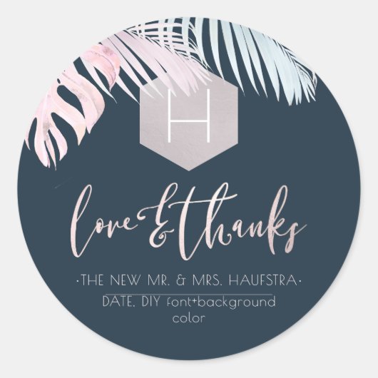 Sticker Rond PixDezines Palms Monogram Blush Silver, Merci (Devant)