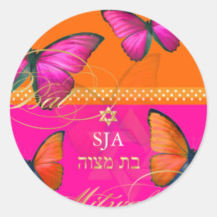 Sticker Rond PixDezines Papillon, Bat mitzvah rétro