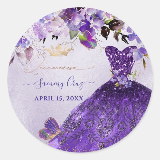 Sticker Rond PixDezines Papillons Quinceanera, Violet foncé dan (Devant)
