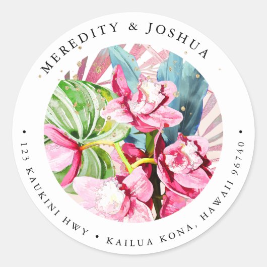 Sticker Rond PixDezines Pink Cymbidium Orchid Foliage Argent (Devant)