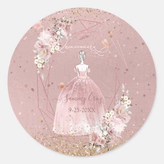 Sticker Rond PixDezines Quinceanera H2 Rose Robe d'or (Devant)