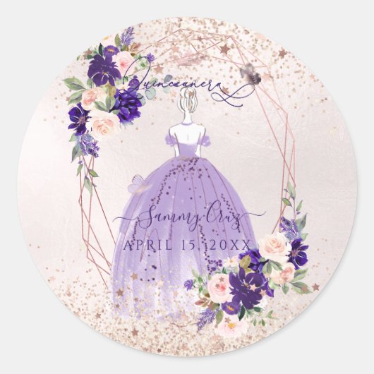 Sticker Rond PixDezines Quinceanera Rose violet Or H2 Fleurs (Devant)