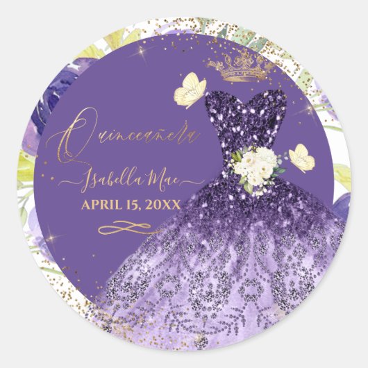 Sticker Rond PixDezines Quinceanera Violet Violet Parties scint (Devant)