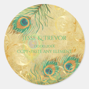 Sticker Rond PixDezines VINTAGE FAUX OR PEACOCK FEATHER
