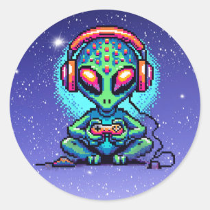 Sticker Rond Pixel Art Alien jouer aux jeux vidéo