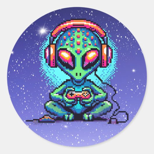 Sticker Rond Pixel Art Alien jouer aux jeux vidéo (Devant)