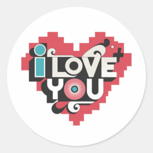 Sticker Rond Pixel Heart Je t'aime Typographie Rétro