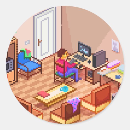 Sticker Rond Pixel isométrique Pixel Art Jeu PC Room (Devant)