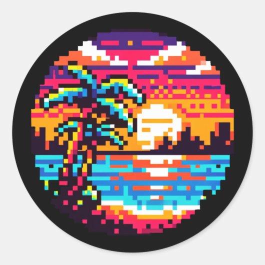 Sticker Rond Pixel Paradise : Sunset Tropical 8 Bits Retro Natu (Devant)