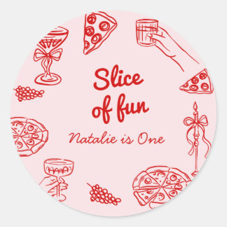 Sticker Rond Pizza 1ère Main Tirée Slice Of Fun Birthday Party