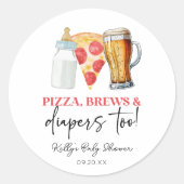 Sticker Rond Pizza, bières et couches aussi ! Baby Shower (Devant)