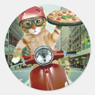 Sticker Rond Pizza cat - chat - livraison de pizza