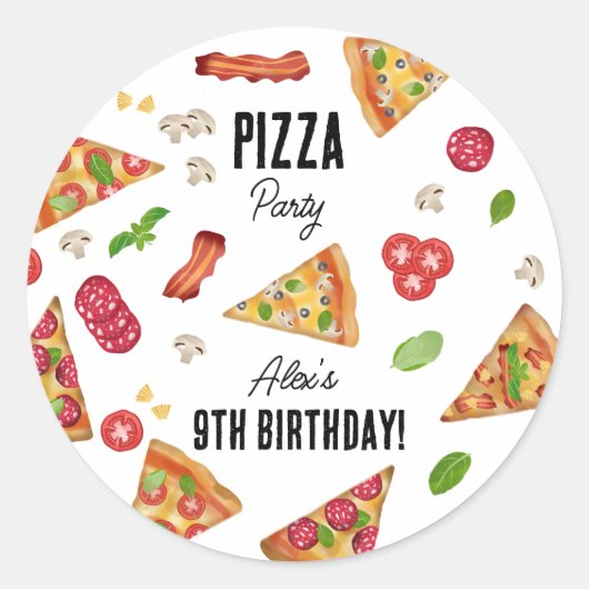 Sticker Rond Pizza Party Thème Aquarelle Anniversaire de enfant (Devant)