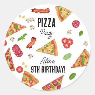 Sticker Rond Pizza Party Thème Aquarelle Anniversaire de enfant