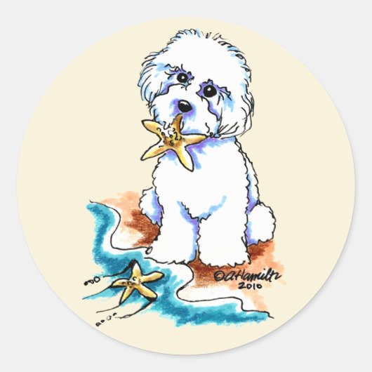 Sticker Rond Plage Babe Bichon Frise (Devant)