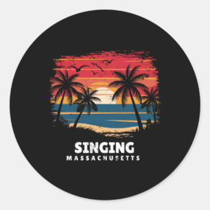 Sticker Rond Plage chantante Machusetts surfeur palmier souveni