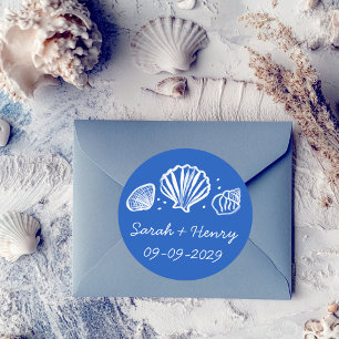 Sticker Rond Plage Coquillages Mariage Bleu Blanc PERSONNALISÉ