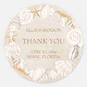 Sticker Rond Plage Coquillages Sable Mariage balnéaire Merci (Devant)