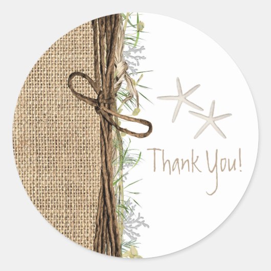 Sticker Rond Plage côtière rustique Starfish Burlap & Greenery (Devant)