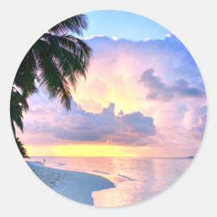 Sticker Rond Plage Coucher de soleil océan sable palmier Maldiv