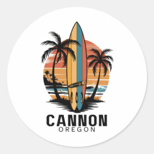 Sticker Rond Plage de Cannon Oregon Surfant Surfeur