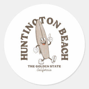 Sticker Rond Plage de Huntington Beach Californie Rétro Surfeur