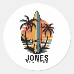 Sticker Rond Plage de Jones New York Surfant Surfeur _3
