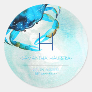 Sticker Rond Plage de PixDezines Crabe Bleu Monogram
