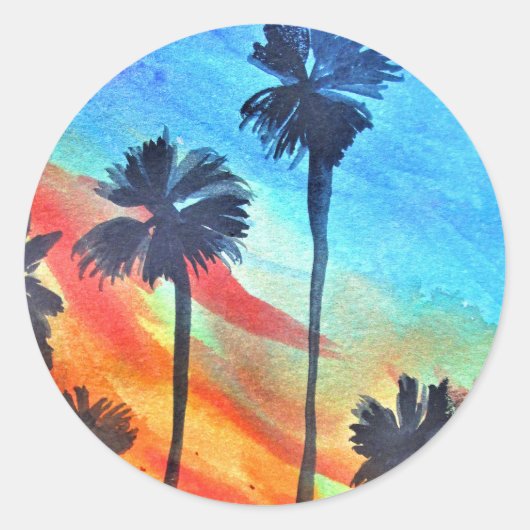Sticker Rond Plage de Sunset Palm trees Art surf (Devant)