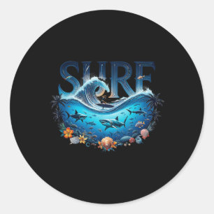 Sticker Rond Plage de surf de grosse vague Amateur de surf Grap