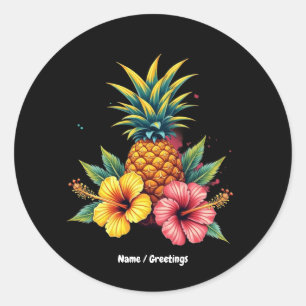 Sticker Rond Plage d'été Hawaii Floral d'Ananas et Hibiscus